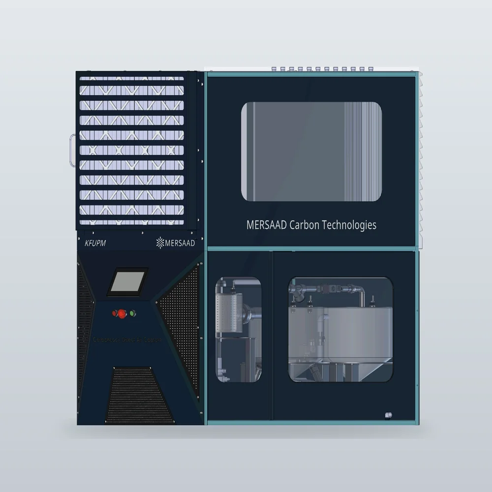 MERSAAD CarbonLock DAC unit: a branded cabinet with a mineral-lattice air intake, control panel, and process bay windows