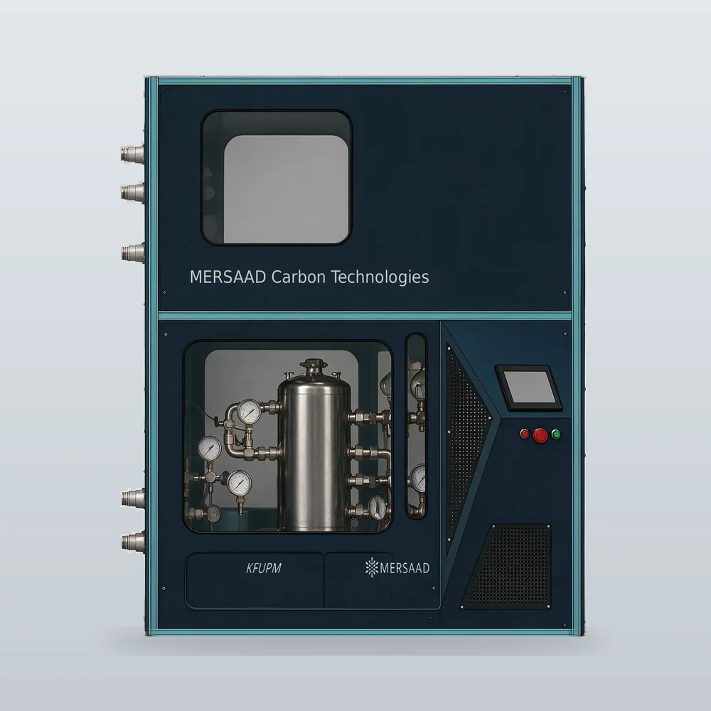 MERSAAD CarbonLock CCU concept: a branded cabinet with a process bay window, control screen, and pipe connections for an industrial CO₂ stream